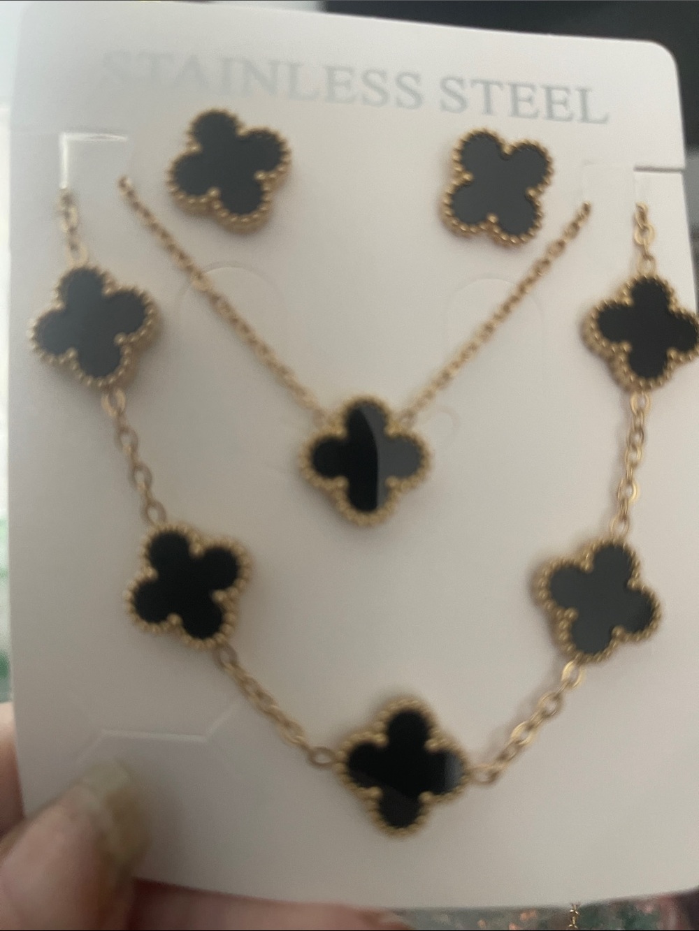 Gold Stainless Steel Black Clover Pendant Necklace & Bracelet Set